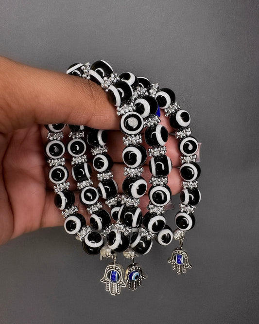 Black & Silver Simple Evil Eye Beaded Bracelet